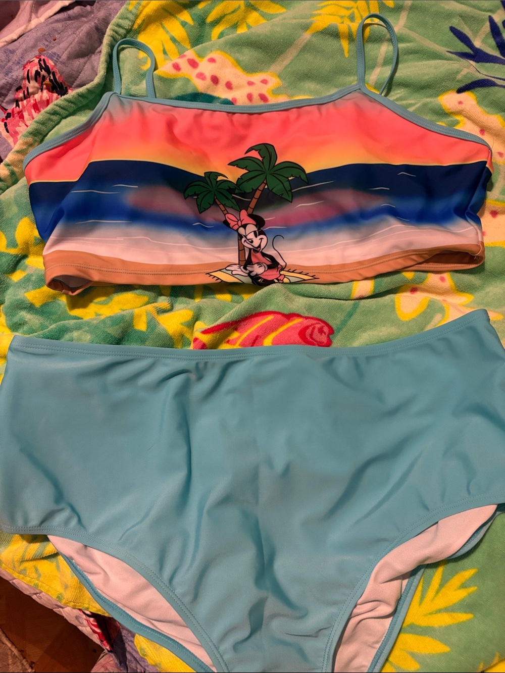 Disney Teal Bikini Set with Sunset Gradient and Palm Graphic